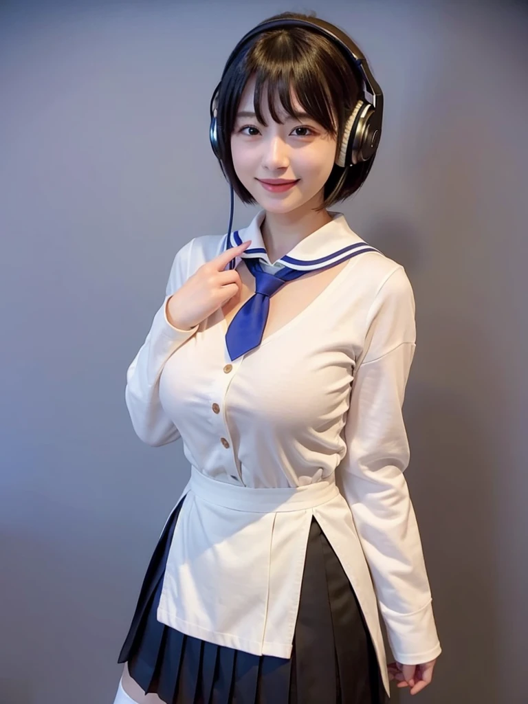 best quality, masterpiece, realistic, photorealistic, 1girl, solo, looking at viewer, smile, standing, full body, arms at side, cosplay, BLACK hair, very short hair, headphones, alternate costume, , sailor collar, shirt, long sleeves, necktie, skirt, pleated skirt, white thighhighs, loafers, simple background, Japanese women、24-years-old、The background is a pure white room、Singing on a microphone、The chest is very small、very Short hair、Part your bangs and sweep them to the side
