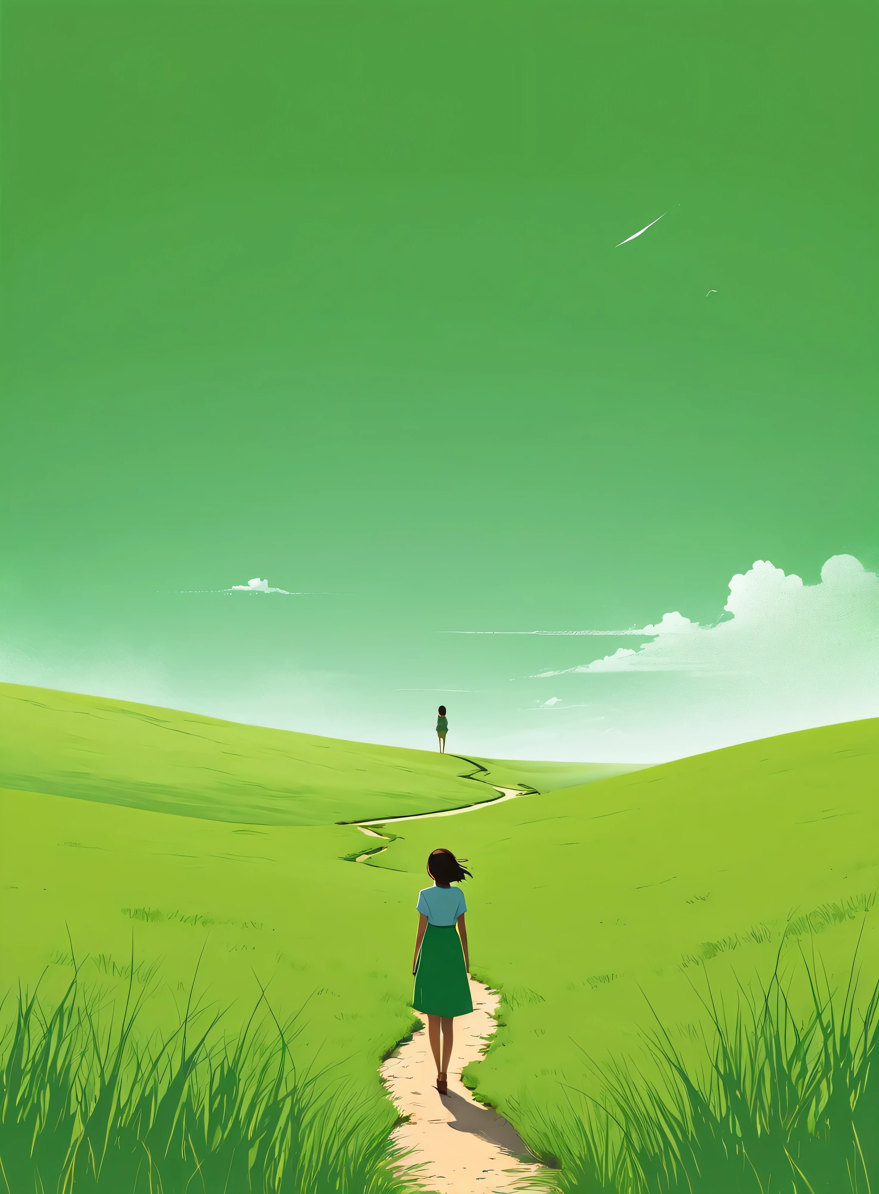 Minimalist Journey,solitary, green grassland,1 girl looking up at the sky, Minimalism, In the savannah, illustration.