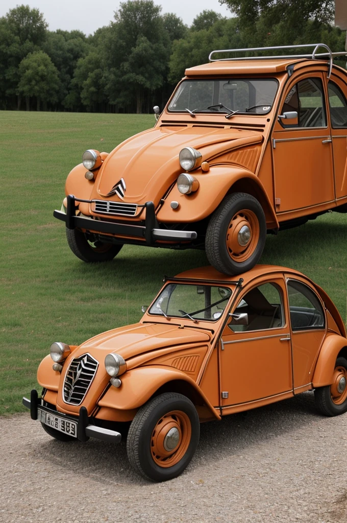 Could you generate an image with the rifle tower in the background, of a citroen 2cv6 ct 1979 orange color?