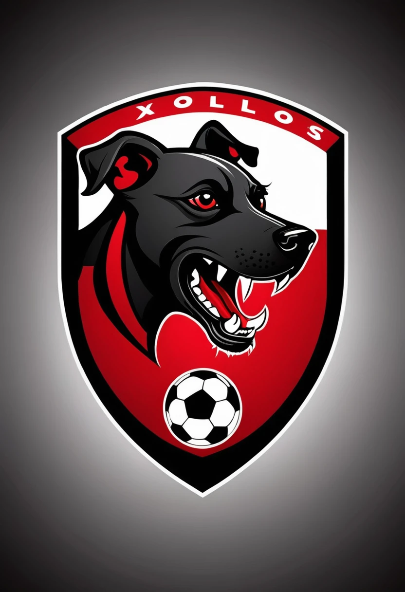 shield of the soccer team from which comes the illustration of just a dog of the xoloitzcuintle breed that has no hair at all, in red and black with the phrase xolos
