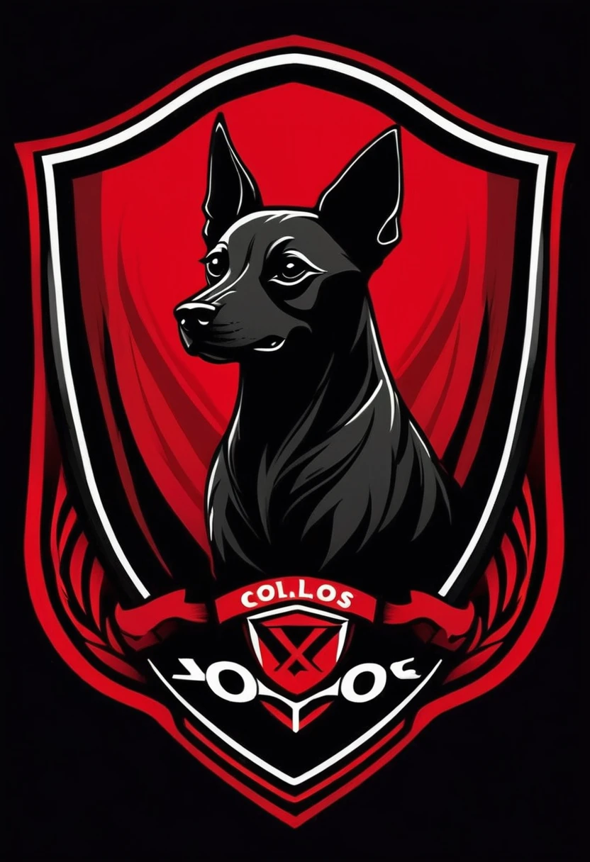 shield of the soccer team from which comes the illustration of just a dog of the xoloitzcuintle breed that has no hair at all, in red and black with the phrase xolos
