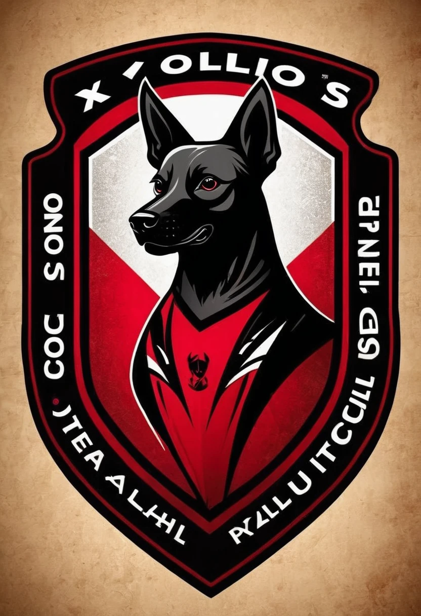 shield of the soccer team from which comes the illustration of just a dog of the xoloitzcuintle breed that has no hair at all, in red and black with the phrase xolos