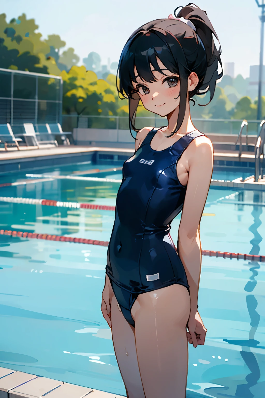 NSFW、In the best quality、 girl standing in swimming pool。In high resolution、Beautiful details、Quiet atmosphere。Black hair ponytail、Cute Smile.。Small breasts、Cute School Swimsuit。