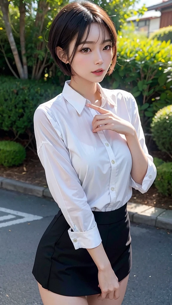 A high-resolution, realistic image of a beautiful Japanese woman in her 40s with a short haircut. She is dressed in a blouse and a mini skirt, exuding a delicate and sensual aura. She is making a gesture of running her fingers through her hair. The setting is a summer date, and the image should convey a subjective, personal perspective with detailed depiction.