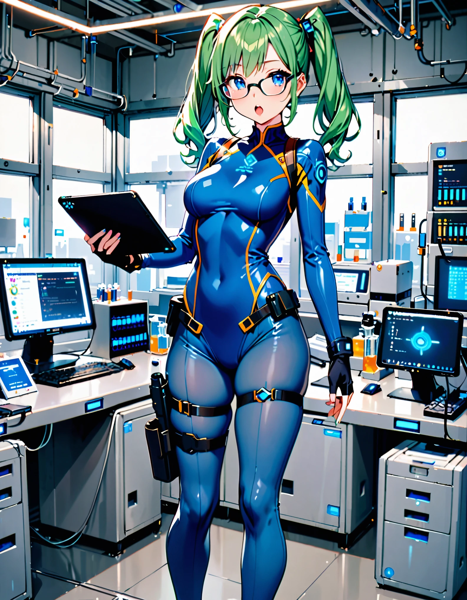 masterpiece, highly detailed, best quality, high quality, 1girl, (solo, solo focus), blue eyes, (cute eyes), beautiful detailed eyes, beautiful detailed face, perfect hands, complete fingers, perfect anatomy, perfect proportions, full body, gloves, green hair, pigtails, (blue skintight bodysuit, (blue leotard)), kochiy sanae, open mouth, (pistol holster, thigh holster, thigh strap), (full blue pantyhose, skintight blue leggings, perfect fit), ((glasses)), black boots, matching boots, fingerless gloves. laboratory, computers, holding tablet, curious look, standing. full body costume design