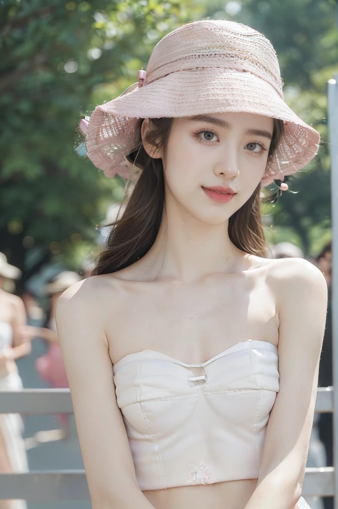 (Extremely meticulous CG),(((8k))),wallpaper,((Extremely refined and beautiful)),(((Masterpiece))),(((best qualtiy))),(((Ultra High Resolution))),realistic shaded,(Smooth and flawless fair skin:1.5),(Extremely exquisite facial details:1.2),(ultra-detailed:1.5),((a beautiful girl,solo)),(Pink Fisherman hat:1.5),(shoulder length straight hair:1.3),(small head:1.2),(slender face:1.2),(Exquisite makeup:1.3),(happy:1.2),(laughing:1.2),(perfect body:1.2),(strapless white bra:1.5),(small breasts:1.3),(flat chest:1.2),((slim,thin)),(from front:1.3),(standing:1.3),(at the schoolgate:1.5),(urban landscape:1.3),(outdoor:1.3),(summer:1.3),(day scene:1.3),(afternoon sunshine:1.3),(close-up of face:1.3),(surrounded by crowded crowds:1.5)