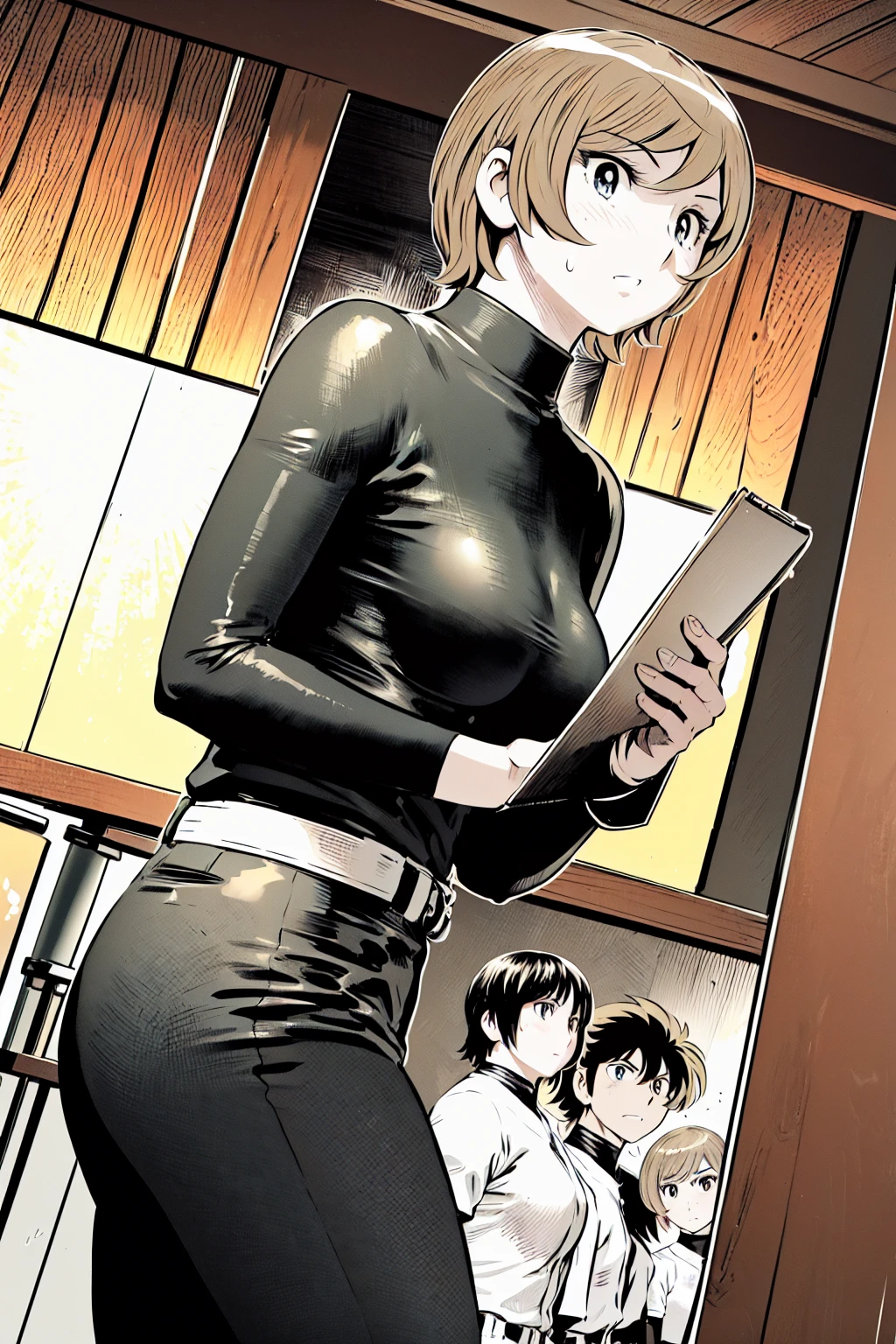 (野球uniform:1.2),
Blonde Hair, (short hair:1.2),Long sleeve, Black Shirt, turtleneck,White trousers、uniform、Black belt、((Illustration of people))、Big Boobs、
View Audience,, (Highest quality:1.3),One Girl, White pants、uniform、Outdoor、baseball ground、ground、soil、blue eyes、Tight black shirt、(masterpiece、Highest quality)、Highest quality, Ultra-high resolution, (((masterpiece))), alone, Sweat、Big eyes、Big Breasts、One Girl, Front view、Embarrassed face、Bronze colored hair、((short hair))、Stand up straight、Cowboy Shot