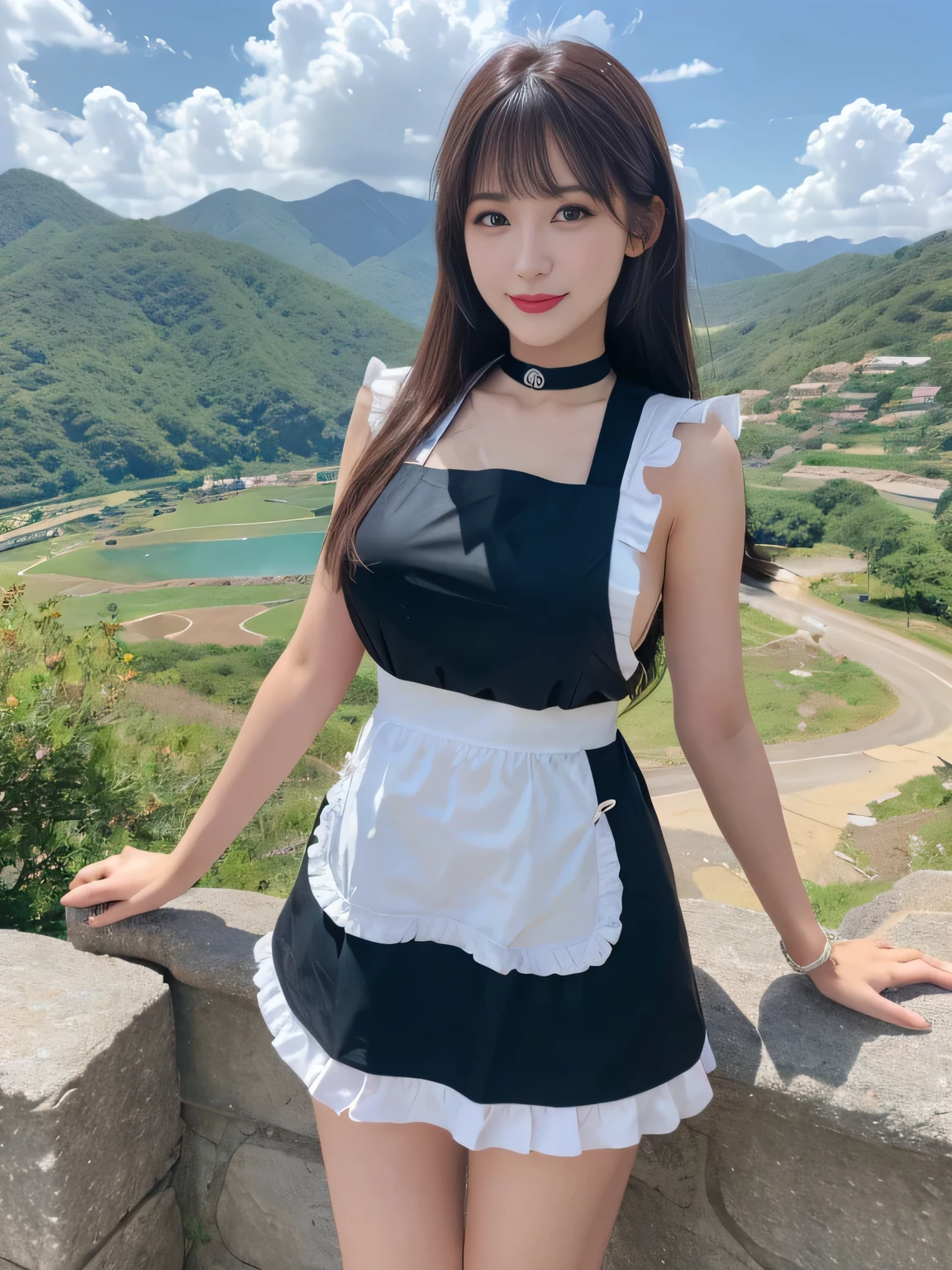 ((Highest quality, 8K, Representative works in detail, Ultra-high resolution)), (Looking at the audience), Attractive woman, ((Big Breasts)),  smile, ((Black Choker)), Slim figure, (blue eyes), Long eyelashes, bangs, Beautiful shiny brown hair, Nogizaka idol, Slim face、((apron、Full body portrait)), Millionaire's daughter、Dependents、Glossy straight hair、((Mountain trail、look up、Nice views)), Red lipstick, ((Mountainous Regions))、blue sky、Healthy Thighs、