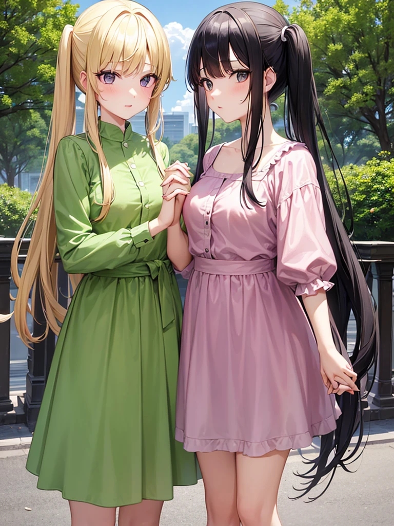Two adult girls holding hands, One wears two blonde pigtails falling over her shoulders and a pink jumpsuit-type dress while the other wears a long-sleeved green dress., He has black eyes and black hair, long, loose hair without any ties, Her hair reaches her waist and she has straight bangs., loose hair with bangs, in a park, staring, the girl with black hair has it long and loose, she is taller than the blonde girl