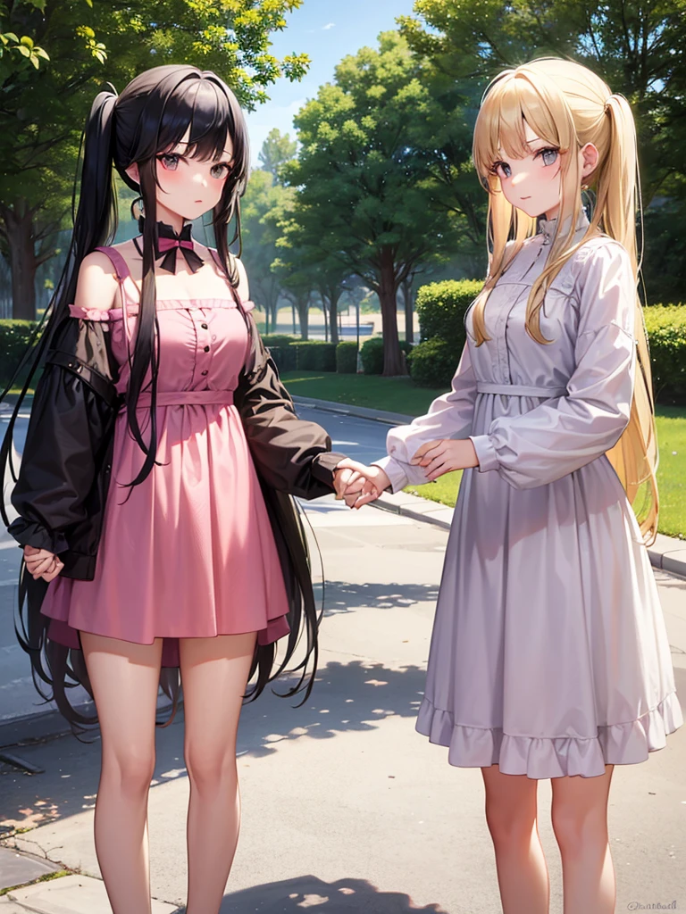 Two adult girls holding hands, One wears two blonde pigtails falling over her shoulders and a pink jumpsuit-type dress while the other wears a long-sleeved green dress., He has black eyes and black hair, long, loose hair without any ties, Her hair reaches her waist and she has straight bangs., loose hair with bangs, in a park, staring, the girl with black hair has it long and loose, she is taller than the blonde girl