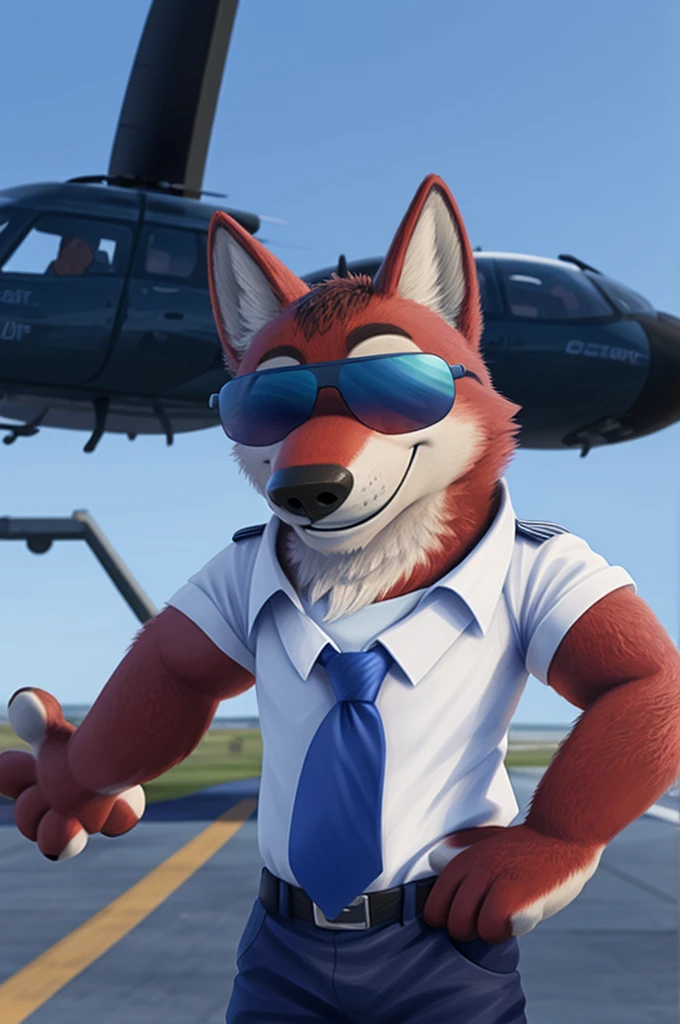 Ivan Fedorovich Wolfbach (Novosibirsk) ,высокий Beautiful, wolf,young, 24 years, brown fur,Kind,(red body:1.3),beautiful blue eyes,Novosibirsk,dressed,civil aviation pilot uniform,White shirt,epaulets командира, черный tie, trousers,airline pilot, commander&#39;s cap, trousers,canine, wolf, detailed fur, male, second, paw pads, finger claws,At the viewer, 5 fingers, paws, 5 fingers, smile, wrist watch, т nextel,by xenoforge, (difficult, high detail, digital photography, soft focus, RAW,goes for a walk, ,Very close to the camera,airport,Novosibirsk, smile, good mood, positive, Very close to the camera, plaid shirt, At the hairdresser, without hair, epaulets captain, 
Photorealism, realistic, photorealistic, digital style, Subsurface scattering,I look at the viewer,стоит White shirt, epaulets, Strips, captain, trousers, tie, nearby by helicopter, Mi-8,smile, teeth, Beautiful,close to the camera, Sunglasses, 
masterpiece, Best quality, ultra realistic, 8 thousand.)