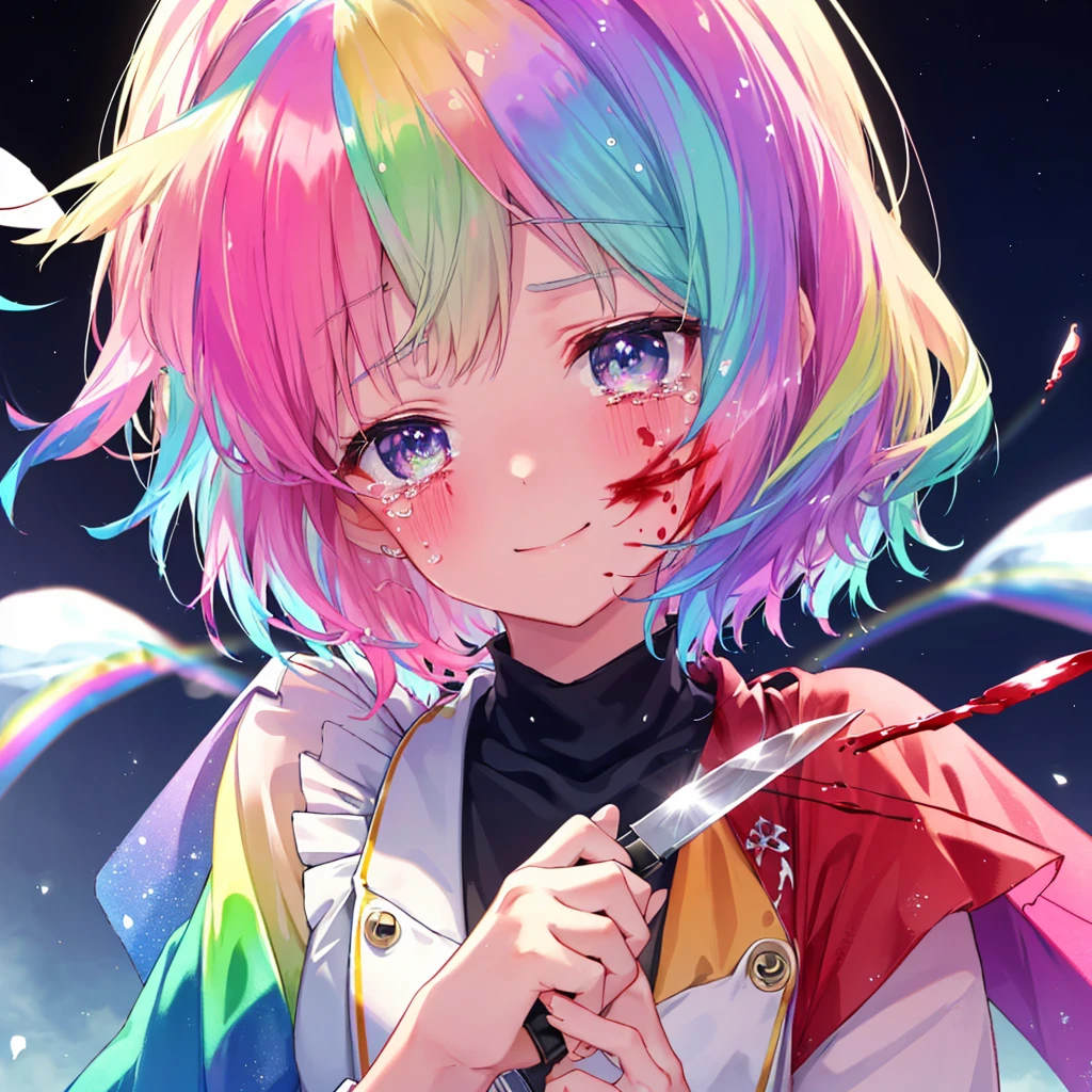 (((Extreme close-up tears smile Hold a knife with both hands Bleeding on the cheek))) ((輝くtears Rainbow Hair Rainbow Eyes Short Hair Receiving the light smile Rainbow light Aurora)) (Shining Edge Pillar of Light)