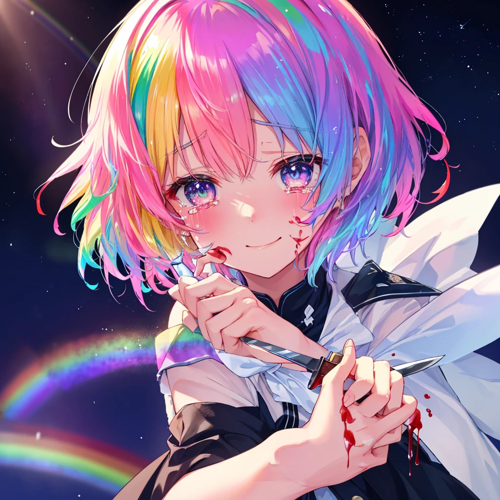 (((Extreme close-up tears smile Hold a knife with both hands Bleeding on the cheek))) ((輝くtears Rainbow Hair Rainbow Eyes Short Hair Receiving the light smile Rainbow light Aurora)) (Shining Edge Pillar of Light)