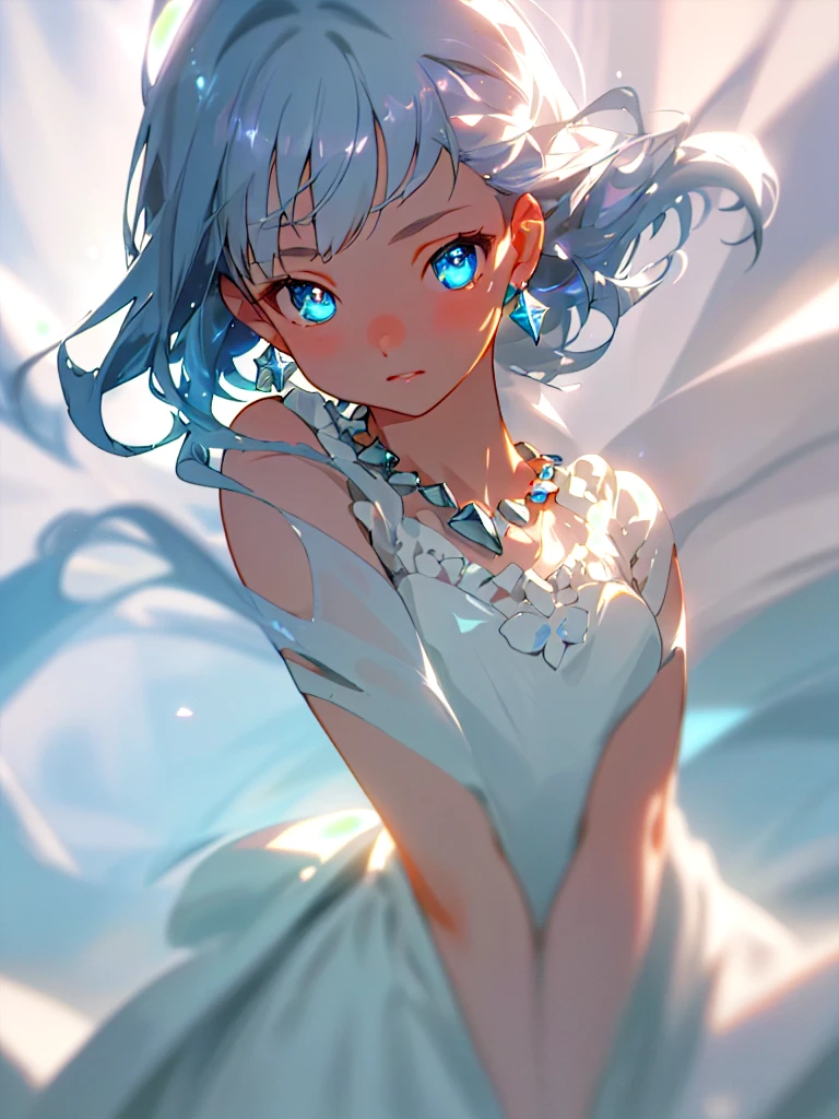 masterpiece, best quality, illustration, sax blue, platinum earrings, platinum necklace, white dress, 1girl, cute, (dynamic lighting:1.2), cinematic lighting, delicate facial features, detailed eyes, sharp pupils, realistic pupils, depth of field, bokeh, sharp focus, (hyper-detailed, bloom, glow:1.4), many small gems