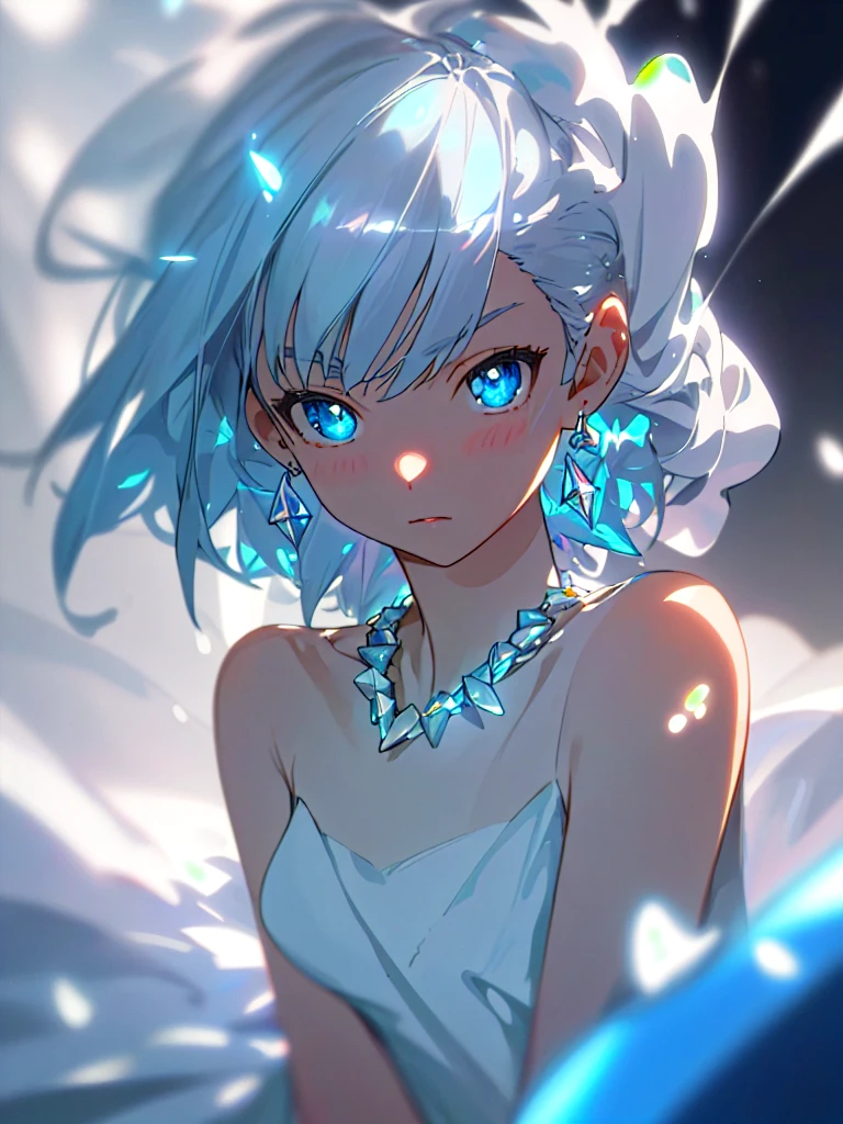 masterpiece, best quality, illustration, sax blue, platinum earrings, platinum necklace, white dress, 1girl, cute, (dynamic lighting:1.2), cinematic lighting, delicate facial features, detailed eyes, sharp pupils, realistic pupils, depth of field, bokeh, sharp focus, (hyper-detailed, bloom, glow:1.4), many small gems
