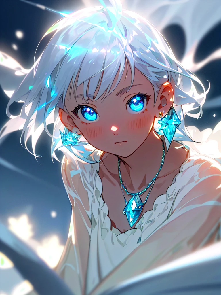 masterpiece, best quality, illustration, sax blue, platinum earrings, platinum necklace, white dress, 1girl, cute, (dynamic lighting:1.2), cinematic lighting, delicate facial features, detailed eyes, sharp pupils, realistic pupils, depth of field, bokeh, sharp focus, (hyper-detailed, bloom, glow:1.4), many small gems