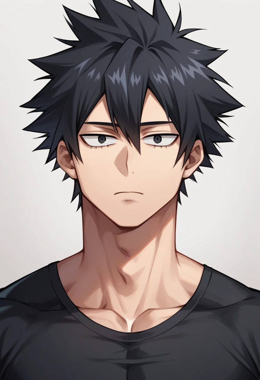 A highschool boy, handsome, perfect body, black hair, mid hair, mullet, black eyes, expressionless, black shirt, anime, first-person view, My Hero Academia art style, masterpiece, anatomically correct, high details, highres, best quality, super detail, 1080P