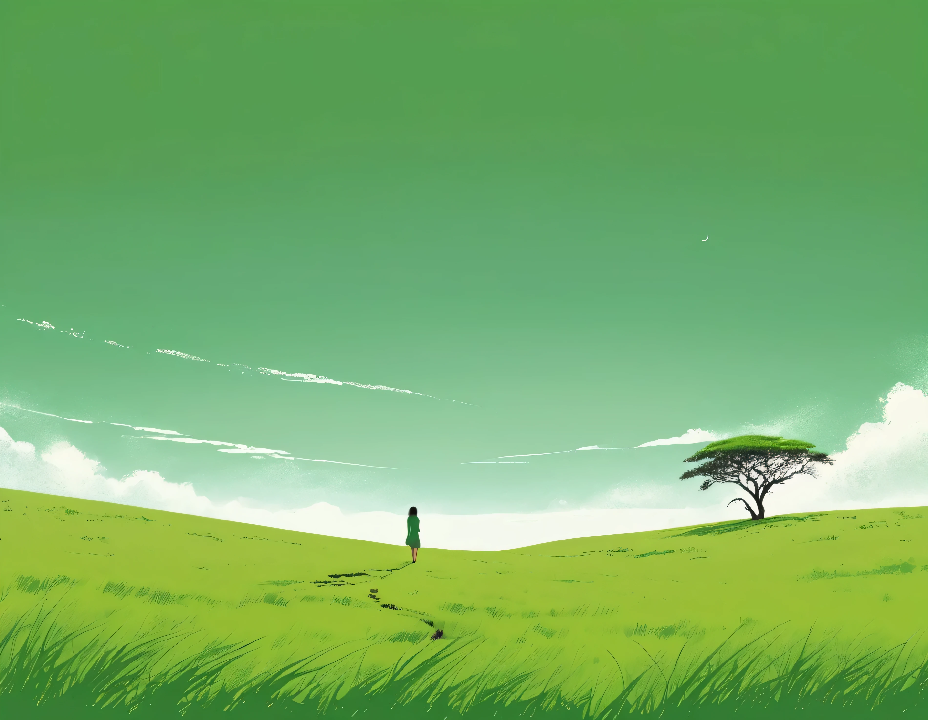 Minimalist Journey,solitary, green grassland,1 girl looking up at the sky, Minimalism, In the savannah, illustration.