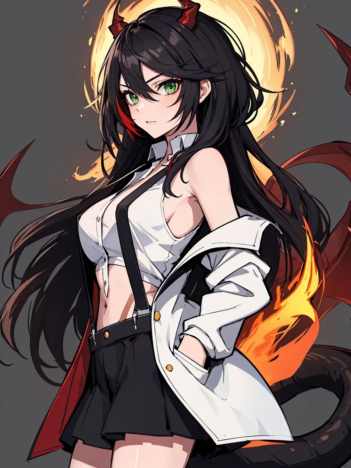 absurdres, 8k, 4k, masterpiece, hyper extreme detailed:1.2), solo, 1girl, front view, perfect face, 1girl, portrait, expressive eyes, looking at viewer, solo, green eyes, standing, mature female, , pale, long black hair, groan, casual wear, , looking forward, front view, black horns, confident, cautious, rational, messy hair, wind, windy, moving hair, moving clothes, swept bangs, front view, unyielding, mature body, tomboy, dragon tail, , black nails, wild hair, velvet crowe, scars, fatigue, Black Demonic Horns, Dragon Horns, Dragon Tail, fire, long skirt, hands in pockets, white shirt black letters, exposed shoulder, shoulder strap, suspenders, velvet crowe, velvet-outfit, red hair gradients, village background, fiery, flames, burning,