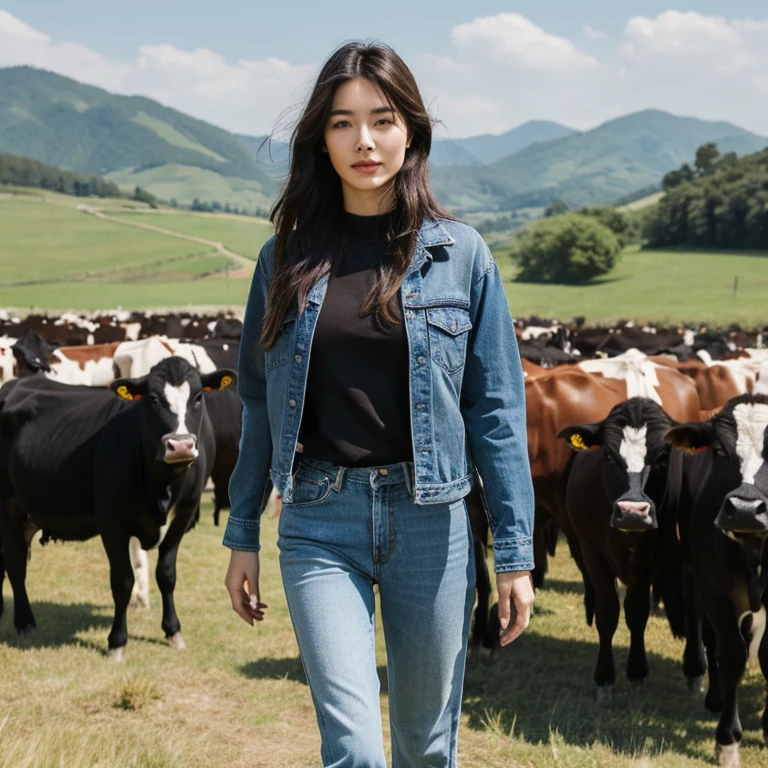 A woman in a red shirt and jeans stands in front of a herd of cows., Wear farm clothes, cow girl, Song Hye-Kyo, crystal, Wear a dark shirt and jeans., standing in the grass, Korean female fashion model, standing in the grass, In the countryside, Japanese Farmer, Bae Suzy, On the farm, cowgirl, Lulu Chen