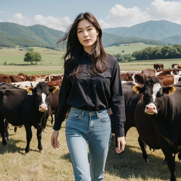 A woman in a red shirt and jeans stands in front of a herd of cows., Wear farm clothes, cow girl, Song Hye-Kyo, crystal, Wear a dark shirt and jeans., standing in the grass, Korean female fashion model, standing in the grass, In the countryside, Japanese Farmer, Bae Suzy, On the farm, cowgirl, Lulu Chen