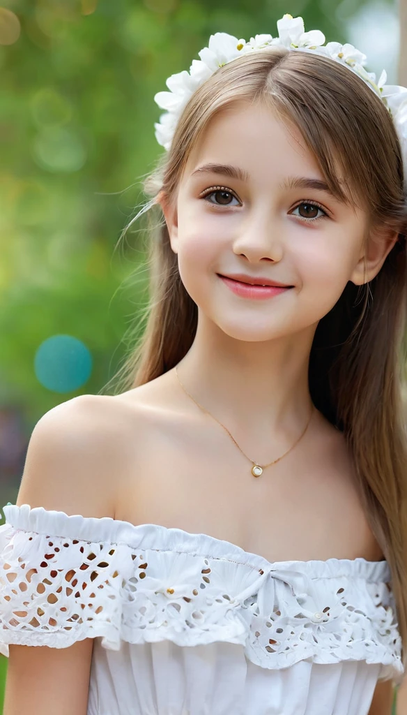 close-up of pretty Ukrainian girl,((flat chests:1.35)), wear pretty clothes,outdoor, bokeh background, UHD, 32K, ************, astonishingly pretty,absolutely cute,cute smile,very adorable, absolutely stunning,