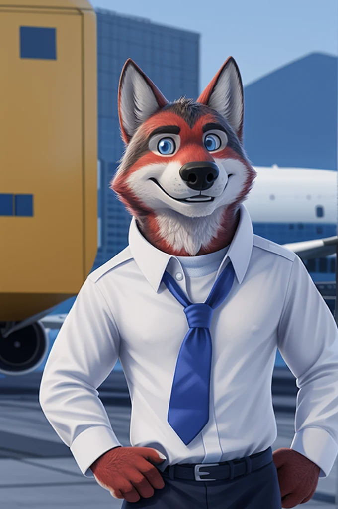 Ivan Fedorovich Wolfbach (Novosibirsk) ,высокий Beautiful, wolf,young, 24 years, brown fur,Kind,(red body:1.3),beautiful blue eyes,Novosibirsk,dressed,civil aviation pilot uniform,White shirt,epaulets командира, черный tie, trousers,airline pilot, commander's cap, trousers,canine, wolf, detailed fur, male, second, paw pads, finger claws,At the viewer, 5 fingers, paws, 5 fingers, smile, wrist watch, т nextel,by xenoforge, (difficult, high detail, digital photography, soft focus, RAW,goes for a walk, ,Very close to the camera,airport,Novosibirsk, smile, good mood, positive, Very close to the camera, plaid shirt, At the hairdresser, without hair, epaulets captain,
Photorealism, realistic, photorealistic, digital style, Subsurface scattering,I look at the viewer,стоит White shirt, epaulets, captain, trousers, tie, next to a Boeing 747 400 plane,smile, teeth, Beautiful,
masterpiece, Best quality, ultra realistic, 8 thousand.)