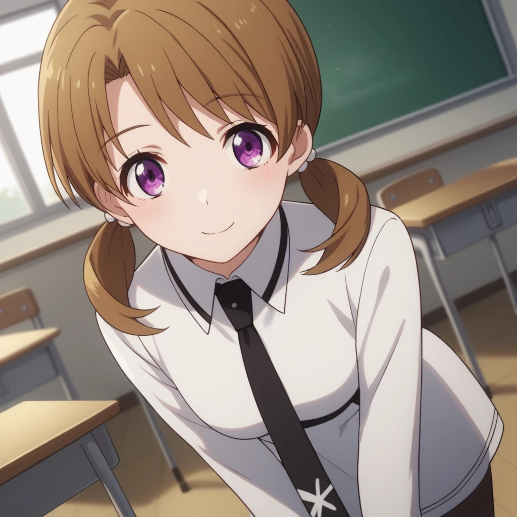 score_9, score_8_up, score_7_up, source_anime,
honokamitsui, honoka mitsui, bangs, brown hair, twintails, purple eyes, low twintails,
long sleeves, dress, , pantyhose, necktie, white dress, black necktie,
indoors, classroom, ?????????, smile,
solo, dutch angle, looking at viewer, cowboy shot,