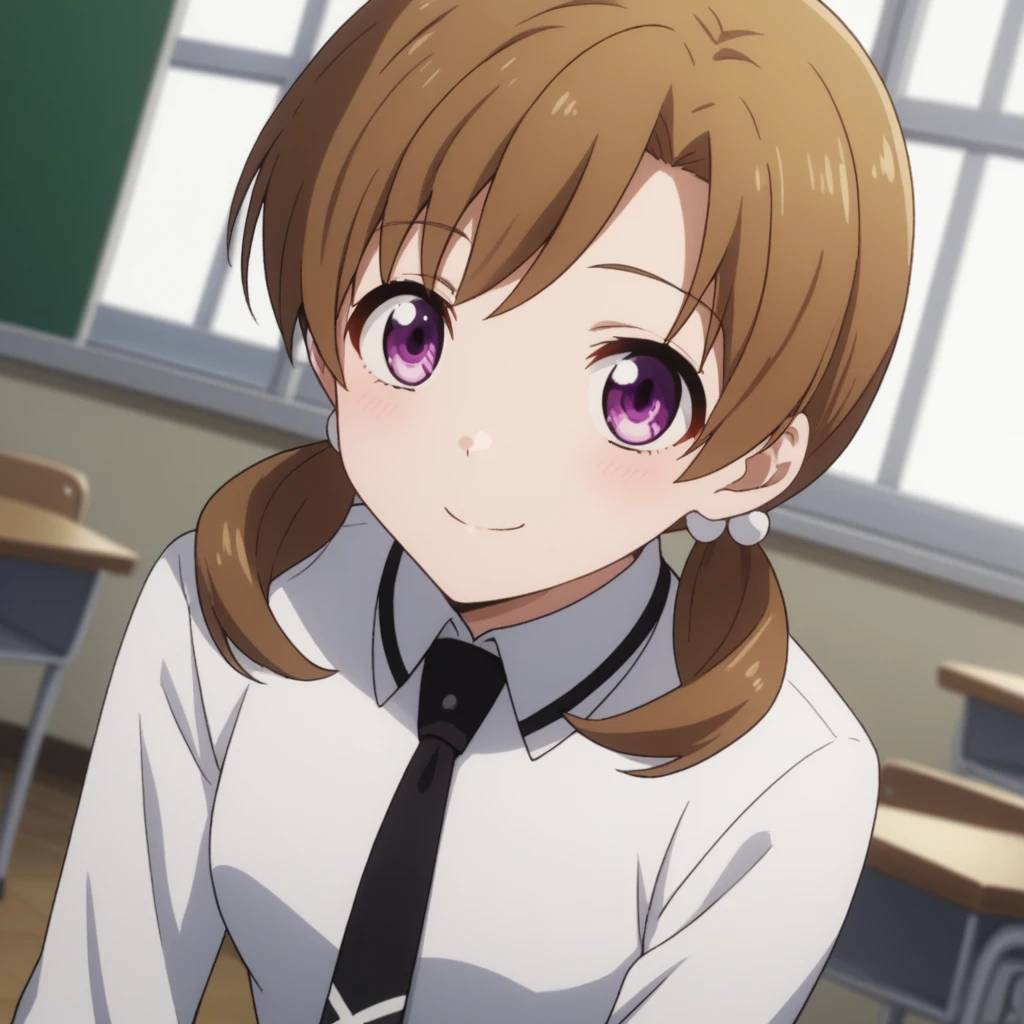 score_9, score_8_up, score_7_up, source_anime,
honokamitsui, honoka mitsui, bangs, brown hair, twintails, purple eyes, low twintails,
long sleeves, dress, , pantyhose, necktie, white dress, black necktie,
indoors, classroom, bent over, smile,
solo, dutch angle, looking at viewer, cowboy shot,