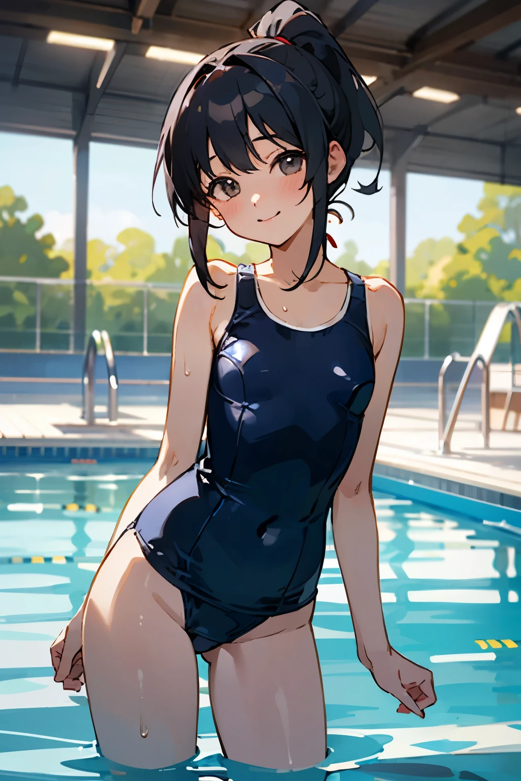NSFW、In the best quality、 girl standing in swimming pool。In high resolution、Beautiful details、Quiet atmosphere。Black hair ponytail、Cute Smile.。Small breasts、Cute School Swimsuit。