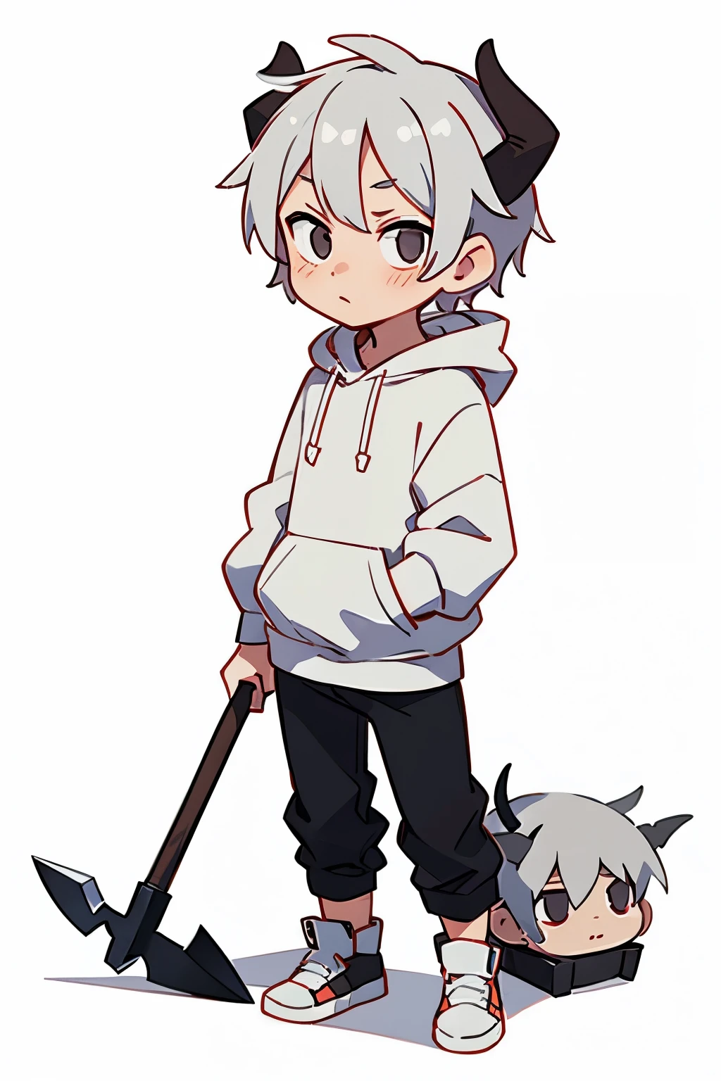 chibi drawing, Boy, white, with gray hair, wearing a white hoodie and black demon horns, with a pickaxe in hand