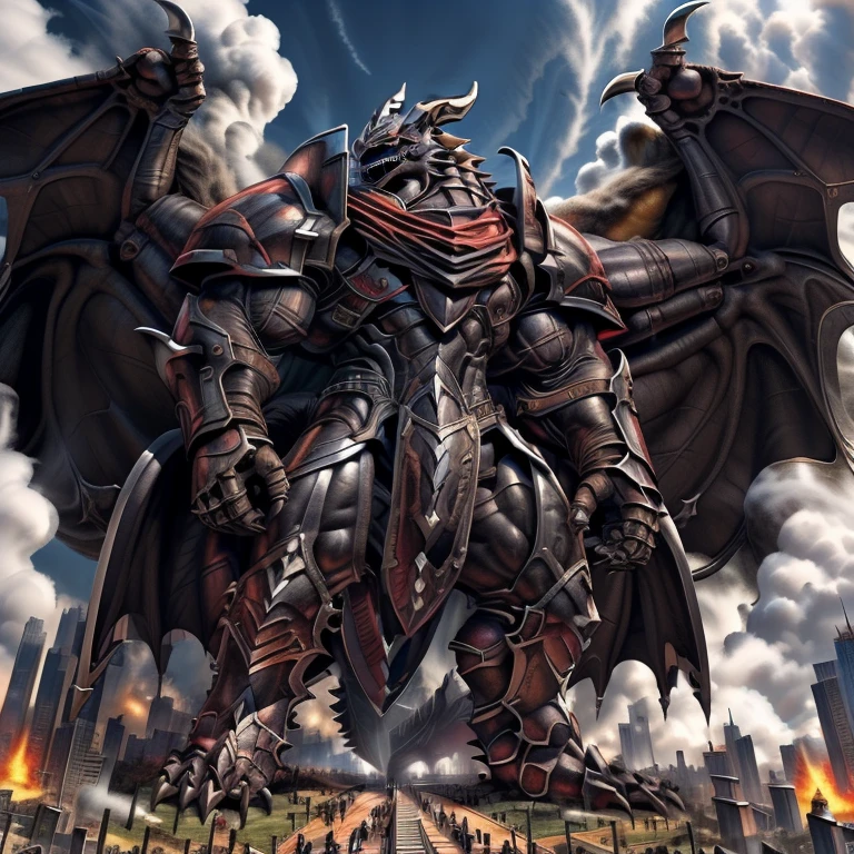 (masterpiece. official art. 8k. best quality. detailed full body. full body.)
(situation 1 : dominating demon lord dragon batzz. focus Colossus mechanical Muscular demon lord dragon batzz is trampling the CITY. macro. stomp. Low-angle perspective. emphasizing the immense size. The perspective is from below, emphasizing the sheer majesty and power of the Colossus. Colossus art. He is much bigger than a skyscraper. Giga Colossuss. micro soccer field. looking down.)
(situation 2 :smoke and flames rising from the destruction in the city. macro. stomp. Low-angle perspective. emphasizing the immense size. The perspective is from below, emphasizing the sheer majesty and power of the Colossus. Colossus art. He is much bigger than a skyscraper. Giga Colossuss. looking down.)
(Additional details 1: wearing a full-face helmet. helmet is jet black. The color of NANOSUIT is jet black. high-tech bio-mecha armor. real texture material. whole body shines like metal. Wearing cyberpunk mecha. emphasizes the muscles. suit fully made of metal. intricate armor. Robotic suit. suit fully made of metal. NANOSUIT with the same design as demon lord dragon batzz.). (demon lord dragon batzz has 5 toes.)
(Additional details 2: (Detailed head. Detailed Body. Detailed abs. gigantic muscles. HYPER MUSCLES. Gigachad Muscular. big muscle. pecs. triceps. traps. unusually developed muscular body. body full of huge muscles. showing off muscles. pectorales enormes. Exaggeratedly huge muscles. huge muscles. long legs.).
(Additional details 3: nj5furry, Spread wings. It has wings. black have big wings. The claws are sharp. Sharp teeth.5 toes.).