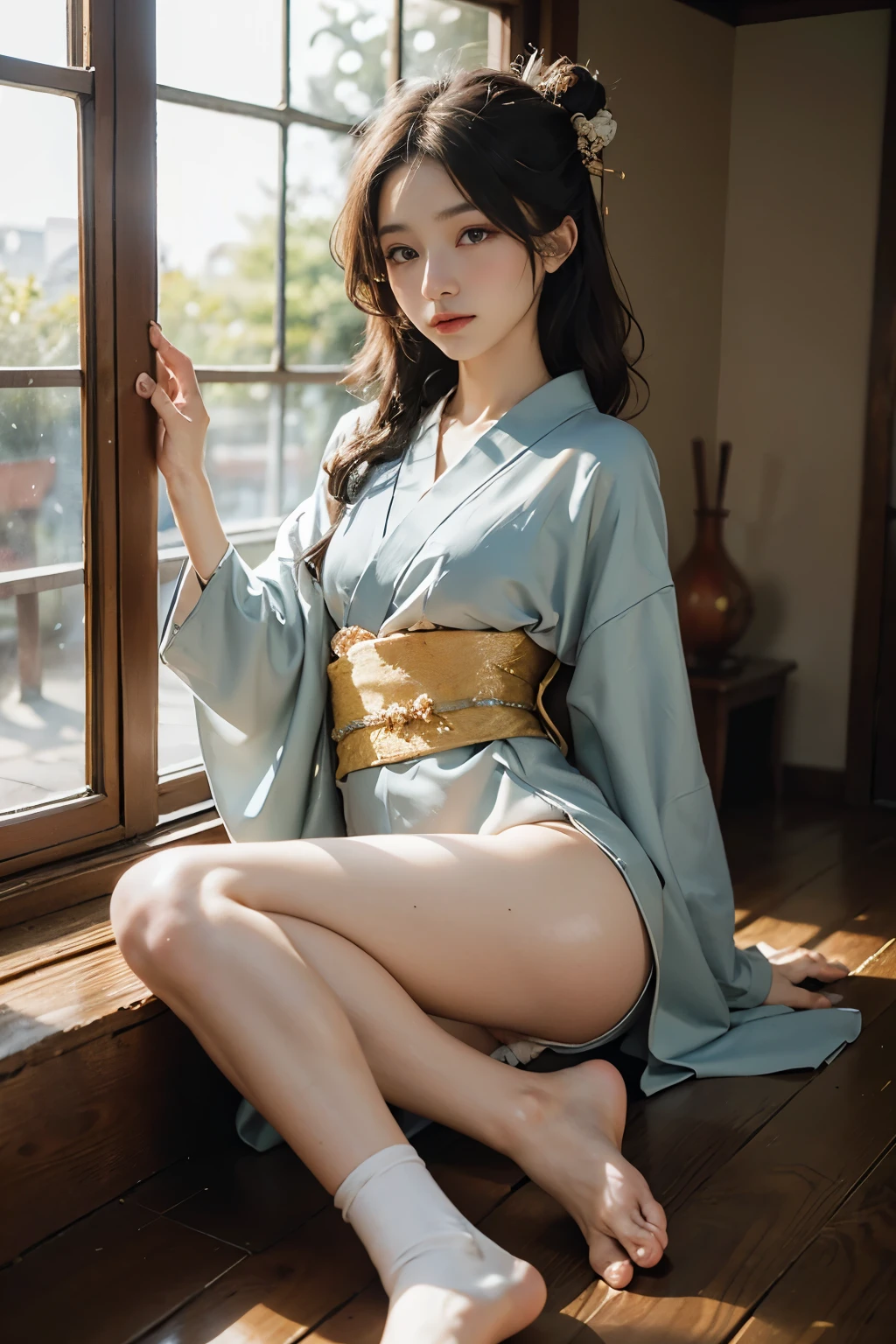 meticulous portrayal of face，1 noblewoman，(Hairpins)，(Camellia kimono)，(Long flowing colored hair)，Simple and elegant Japanese clothing，Collar, the perfect face,Perfect Finger, perfect  eyes，Extremely normal body，Ancient Japanese town background，Perfect background,Beautiful looks,Clear Eyes,Leanness,Bare feet and wooden clogs,The intelligent sparkle in his eyes,Barefoot indoors,If outdoors, wear geta,A pure and beautiful girl,Kimono underwear,Thin undergarments,No underwear rule,Are thin,Thin legs,thin thighs,the waist is very thin,Small breasts,Flat Bust,Small butt,Thin and small hips,The lower body is thin,Anatomically correct hand,Anatomically correct fingers,Anatomically correct feet,Beautiful leg style,Beautiful legs stretched out,Artistically beautiful nipples,legs are thin and long,Delicate and subtle facial expression,Put on traditional Japanese tabi socks,Eroticism with a glimpse of the crotch,Eroticism with a glimpse of the nipple,