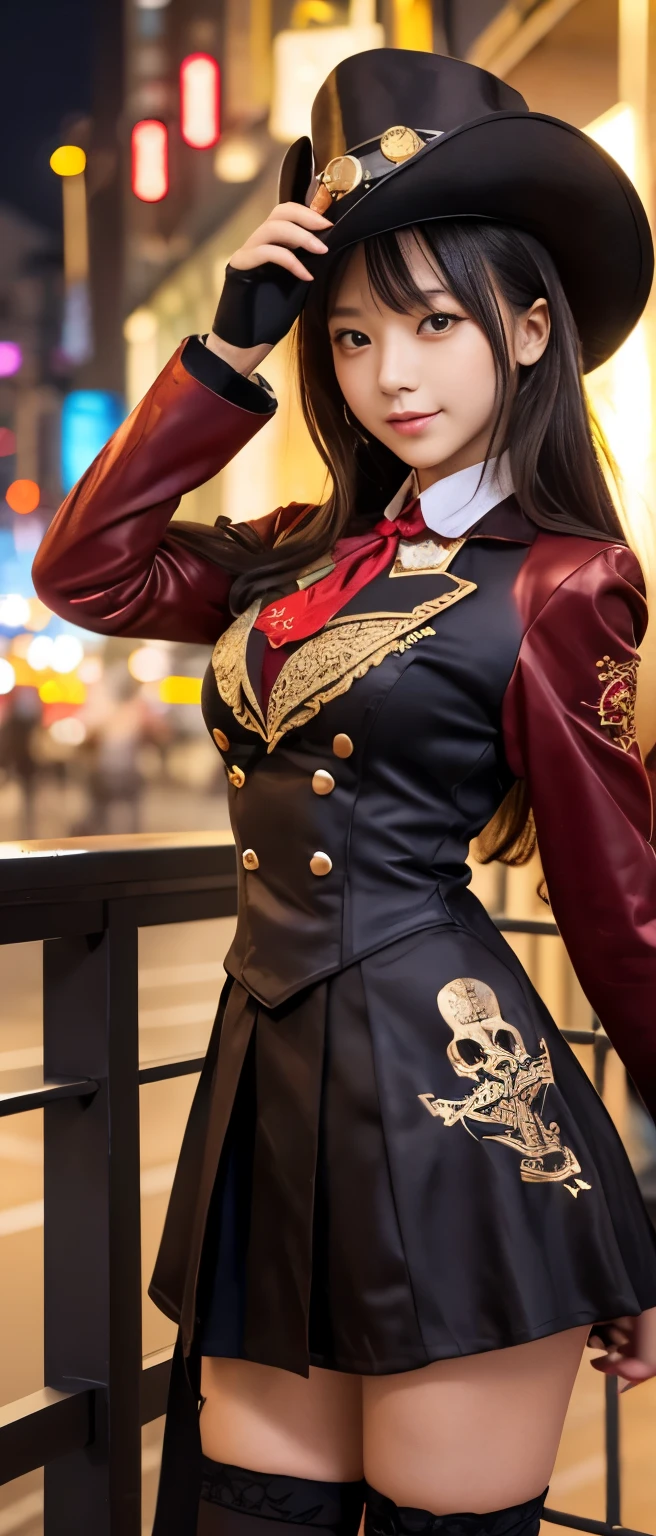 Tall cute idol magician girl、whole body、Good style、、、、、、、、、、Tanned thick legs、、Shiny red steampunk wizard uniform(skull embroidery)、Neat and clean idol face、Glowing、City of night