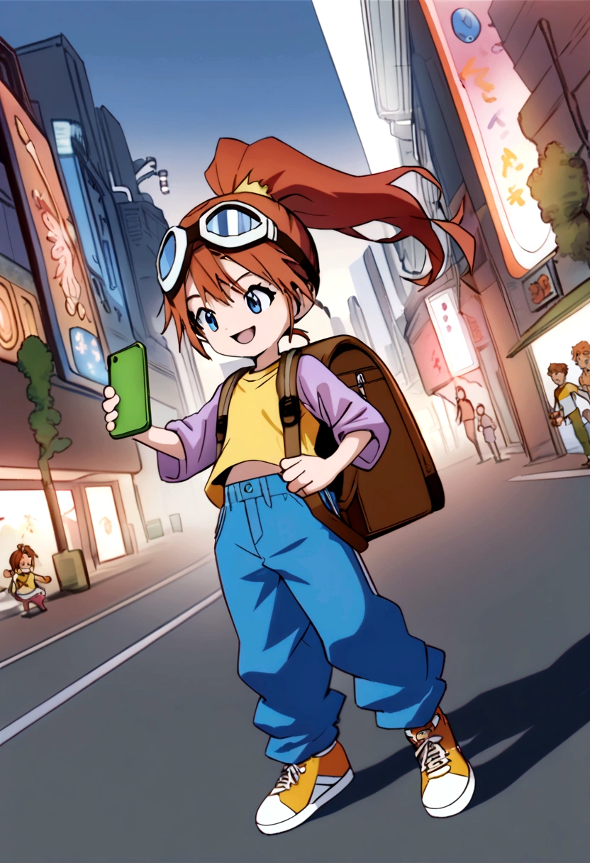 (dynamic pose:1.5), (best quality, masterpiece, absurdres, highres, ultra_detailed, dynamic angle:1.2), best quality, full body, young  girl digimon tamer, on a futuristic city street, AUBURN HAIR,BLUE EYES,ponytail, kids clothes,elerl,blue jeans,baggy pants, brown leather belt,short stature, flat chest, goggles, goggles on head,t-shirt,raglan sleeves,high top sneakers, holding smartphone, backpack, crossbody bag, futuristic city, neon lights, evening, dim light, happy, smile, athletic, kid, Digimon 