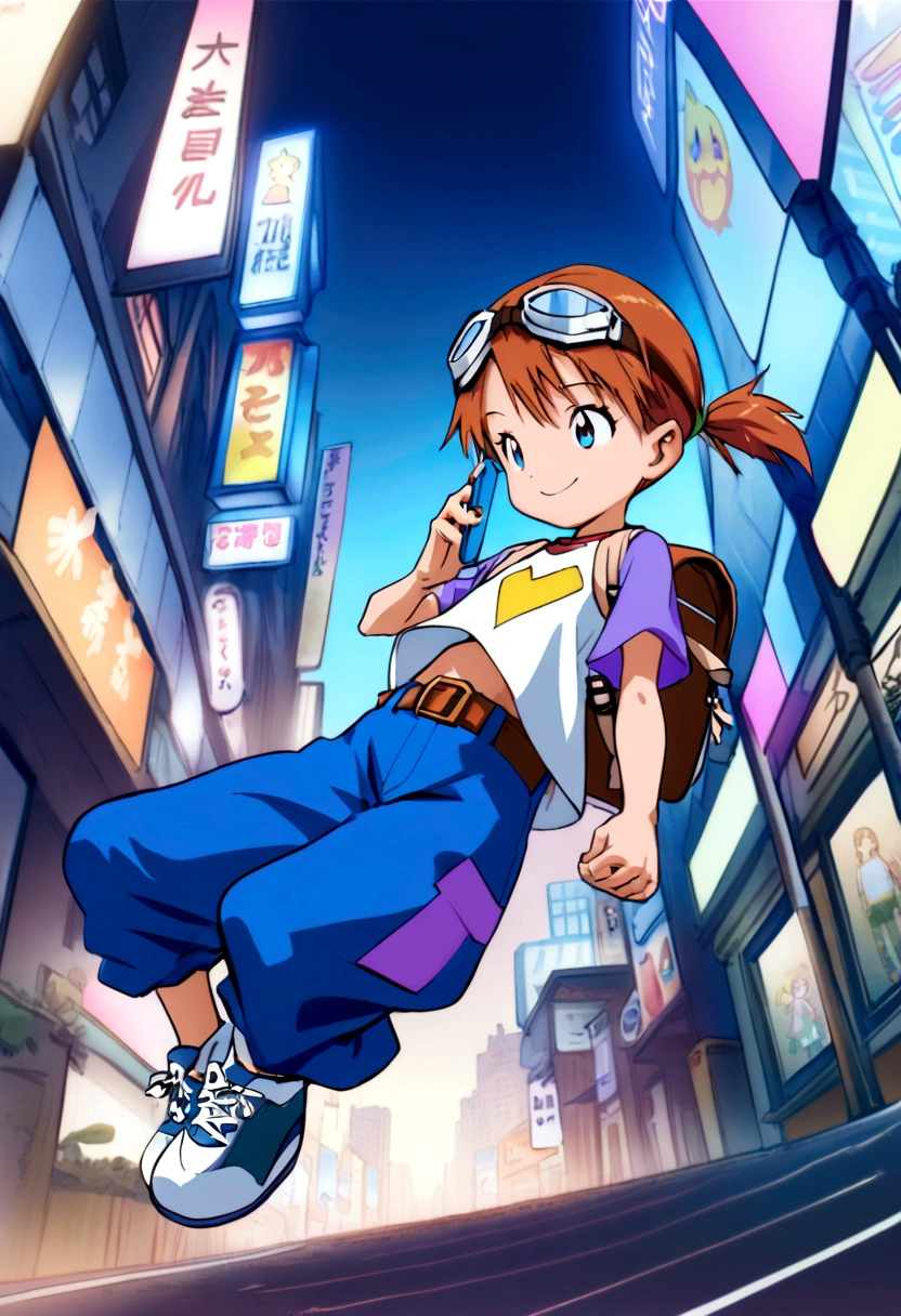 (dynamic pose:1.5), (best quality, masterpiece, absurdres, highres, ultra_detailed, dynamic angle:1.2), best quality, full body, young  girl digimon tamer, on a futuristic city street, AUBURN HAIR,BLUE EYES,ponytail, kids clothes,elerl,blue jeans,baggy pants, brown leather belt,short stature, flat chest, goggles, goggles on head,t-shirt,raglan sleeves,high top sneakers, holding smartphone, backpack, crossbody bag, futuristic city, neon lights, evening, dim light, happy, smile, athletic, kid, Digimon 