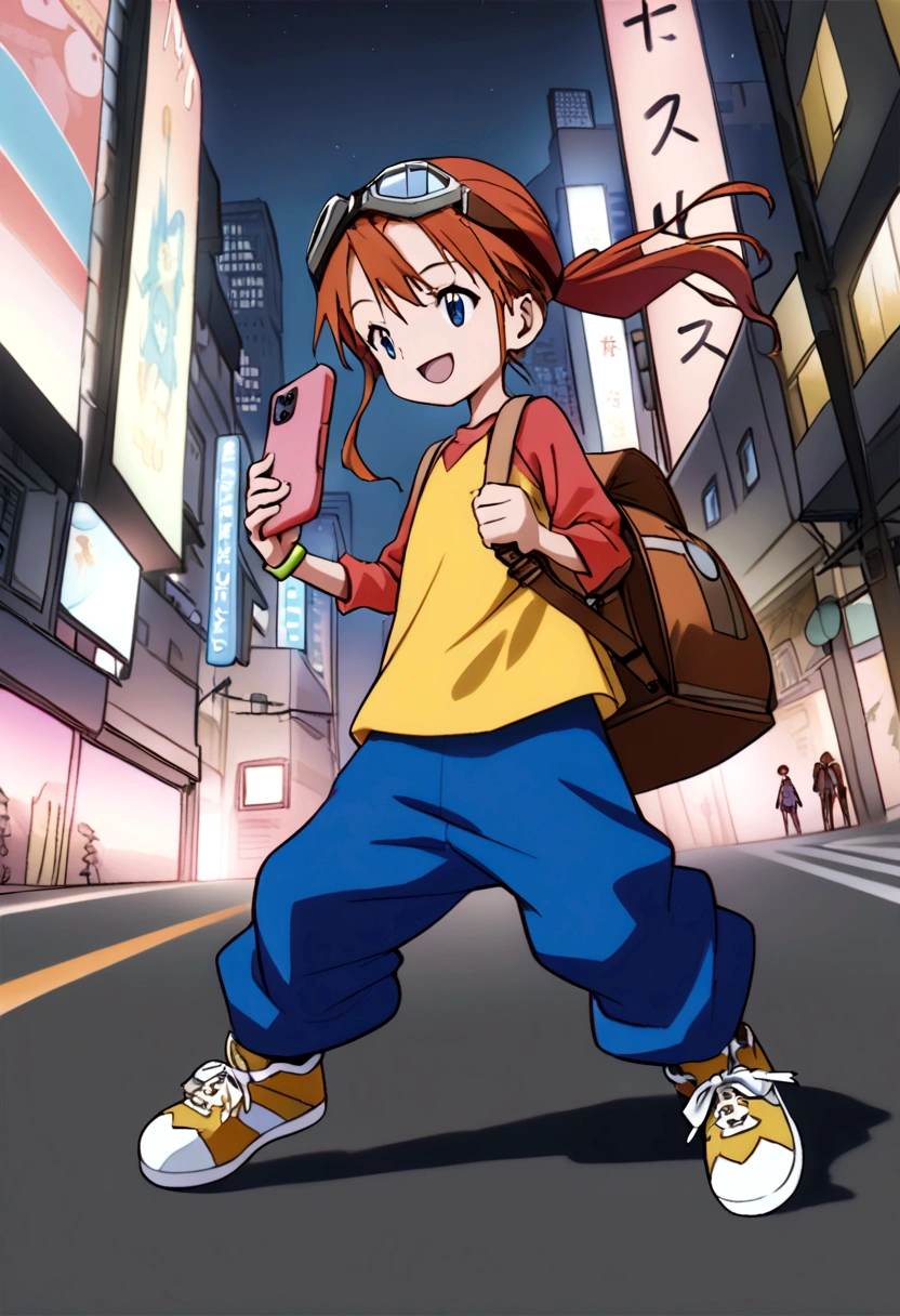 (dynamic pose:1.5), (best quality, masterpiece, absurdres, highres, ultra_detailed, dynamic angle:1.2), best quality, full body, young kid girl digimon tamer, on a futuristic city street, AUBURN HAIR,BLUE EYES,ponytail, kids clothes,elementary school girl,blue jeans,baggy pants, brown leather belt,short stature, flat chest, goggles, goggles on head,t-shirt,raglan sleeves,high top sneakers, holding smartphone, backpack, crossbody bag, futuristic city, neon lights, evening, dim light, happy, smile, athletic, kid, Digimon 