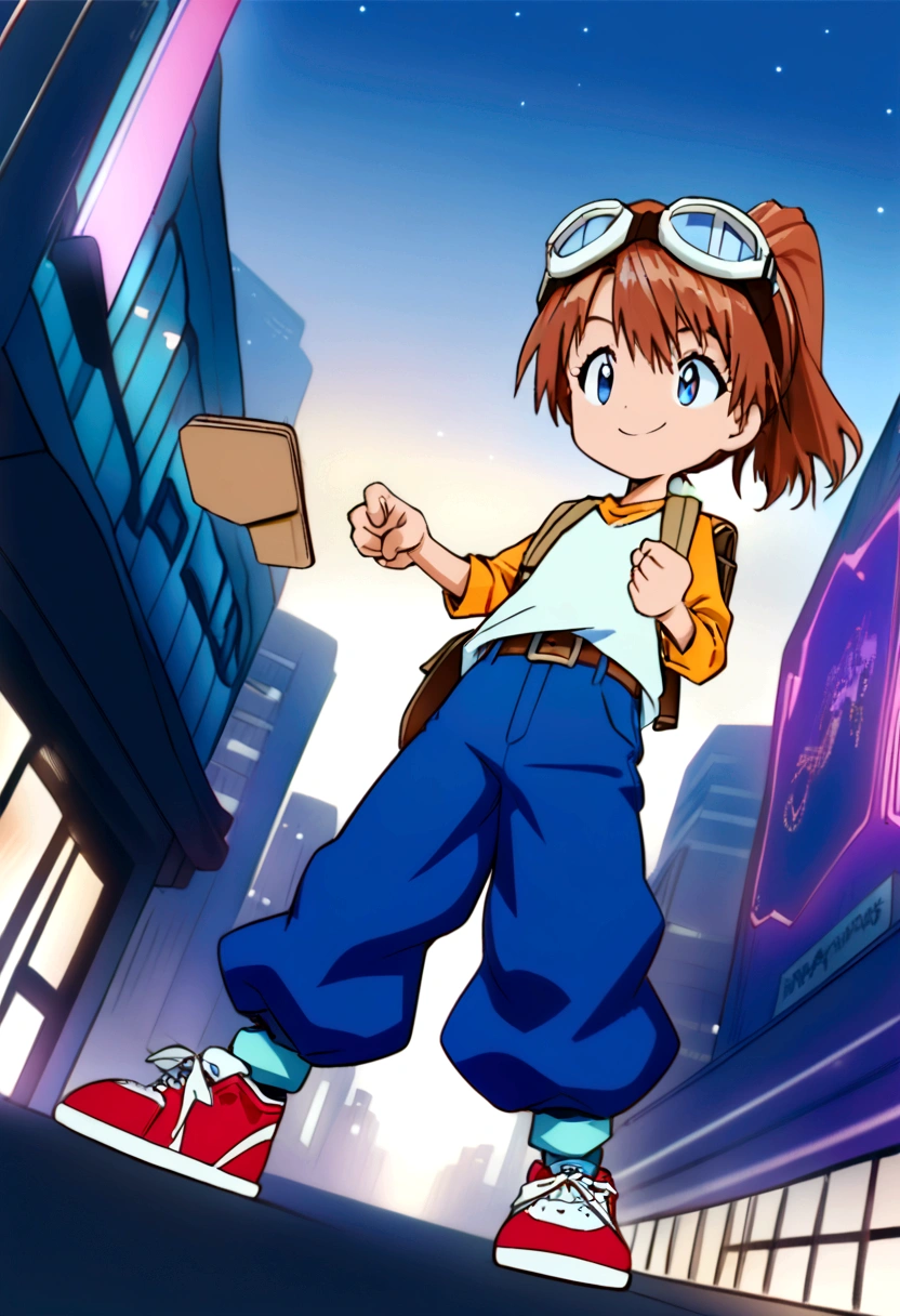 (dynamic pose:1.5), (best quality, masterpiece, absurdres, highres, ultra_detailed, dynamic angle:1.2), best quality, full body, young kid girl digimon tamer, on a futuristic city street, AUBURN HAIR,BLUE EYES,ponytail, kids clothes,elementary school girl,blue jeans,baggy pants, brown leather belt,short stature, flat chest, goggles, goggles on head,t-shirt,raglan sleeves,high top sneakers, holding smartphone, backpack, crossbody bag, futuristic city, neon lights, evening, dim light, happy, smile, athletic, kid, Digimon 