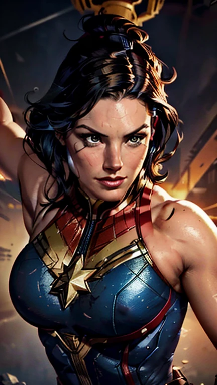 Captain Marvel(Gina Carano face), combat stance, highly detailed, vibrant appearance, creative behavior, extremly detailed, imaginative, sensual, spontaneous, small round breasts, athletic physique, round ass, revealing, highest quality, skin texture, intricate details, (cinematic lighting), RAW photo, 8k, masterpiece,best quality,ultra-detailed,very detailed illustrations,extremely detailed,intricate details,highres,super complex details,extremely detailed 8k cg wallpaper,