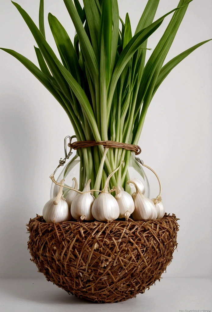 catching big magical garlic. The image should be colorful and high-contrast, The overall composition should be clear and legible even in small format, with a balanced layout. Ensure all elements blend harmoniously to create a cohesive and attractive image.