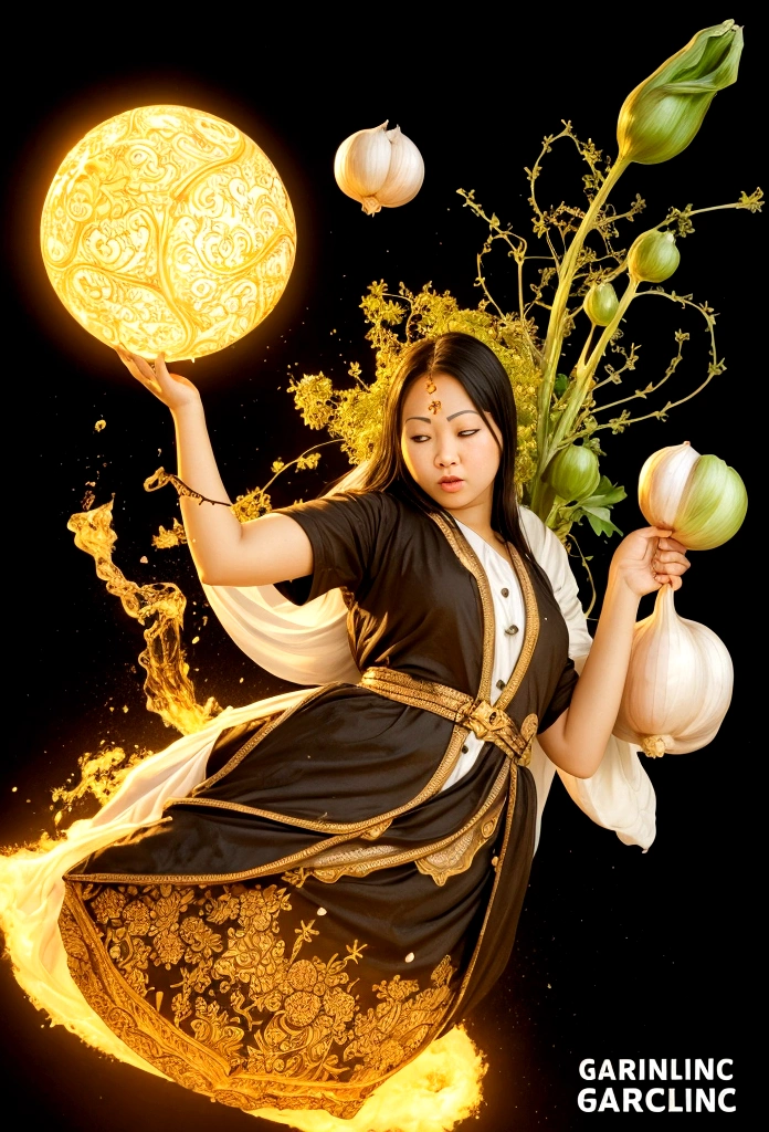 catching big magical garlic. The image should be colorful and high-contrast, The overall composition should be clear and legible even in small format, with a balanced layout. Ensure all elements blend harmoniously to create a cohesive and attractive image.

