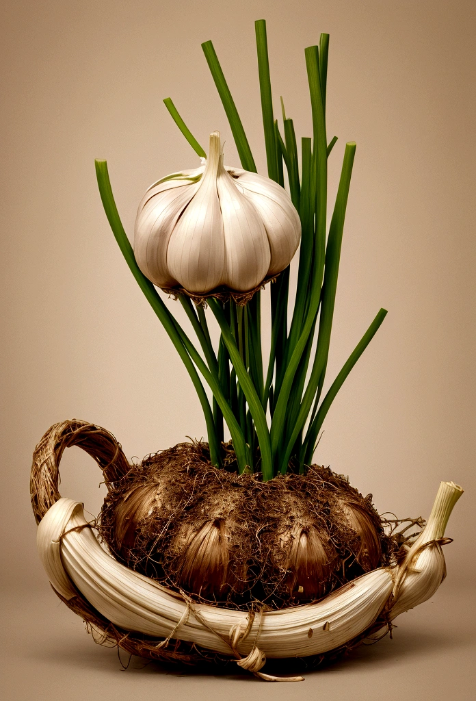 catching big magical garlic. The image should be colorful and high-contrast, The overall composition should be clear and legible even in small format, with a balanced layout. Ensure all elements blend harmoniously to create a cohesive and attractive image.