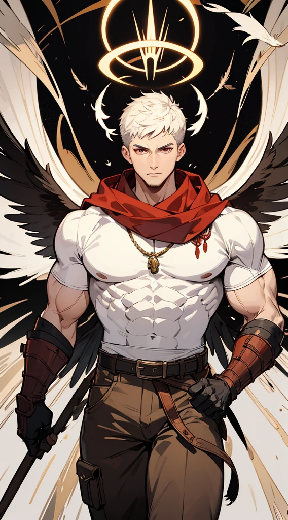 book cover, artistic image, handsome man, white hair, very short hair, ((crew cut: 1)), red eyes, fair skin, ((muscular: 1)), man, 28 years old, muscular, in good shape shape, muscular, barbaric race, many muscles, warrior, giant man. no shirt, gold details, brown leather shawl, baggy gray pants, black and brown belts, black boots, brown gloves, lots of belts, red halo, halo behind the head, feathers flying, horns on the head, feathers falling, angel transformation , Demon transformation, human will not transform, three transformations, black feathers, white feathers, light elemental power, shadow elemental power, a chaos seraph, several skeleton hands, death power, life power.
