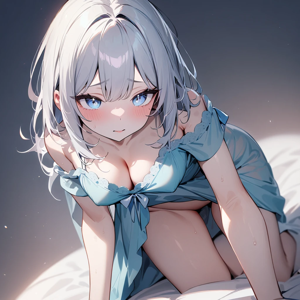 nsfw,1girl,pale hair,Crevice,Cleavage,pallid,pale colors,pale eyes,masterpiece,best quality,very aesthetic,absurdres,blue eyes,nightgown lift,