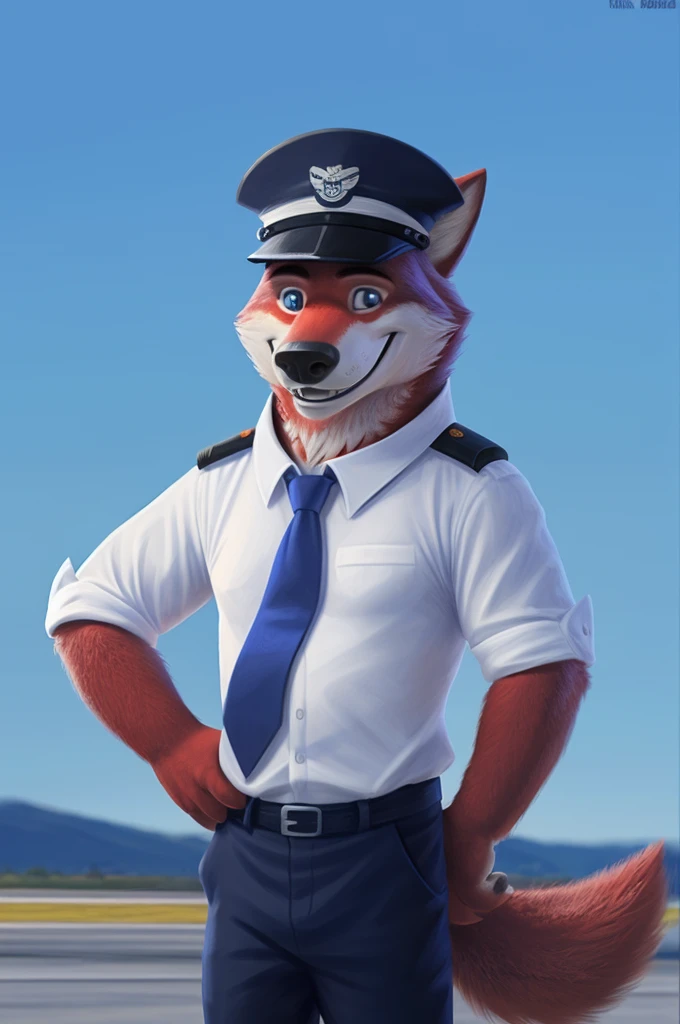 Ivan Fedorovich Wolfbach (Novosibirsk) ,высокий Beautiful, wolf,young, 24 years, brown fur,Kind,(red body:1.3),beautiful blue eyes,Novosibirsk,dressed,civil aviation pilot uniform,White shirt,epaulets командира, черный tie, trousers,airline pilot, commander&#39;s cap, trousers,canine, wolf, detailed fur, male, second, paw pads, finger claws,At the viewer, 5 fingers, paws, 5 fingers, smile, wrist watch, т nextel,by xenoforge, (difficult, high detail, digital photography, soft focus, RAW,goes for a walk, ,Very close to the camera,airport,Novosibirsk, smile, good mood, positive, Very close to the camera, plaid shirt, At the hairdresser, without hair, epaulets captain, 
Photorealism, realistic, photorealistic, digital style, Subsurface scattering,I look at the viewer,стоит White shirt, epaulets, captain, trousers, tie, next to a Boeing 747 400 plane,smile, teeth, Beautiful, black tie, 
masterpiece, Best quality, ultra realistic, 8 thousand.)