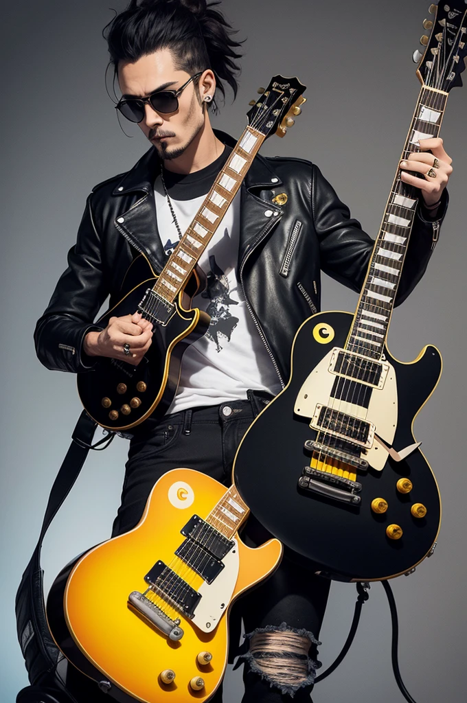 funny caricature, a rocker necromancer skull, worn black leather jacket, old torn black jeans, yellow all stars sneakers, big head, , playing the les paul guitar in transparent translucent flames
