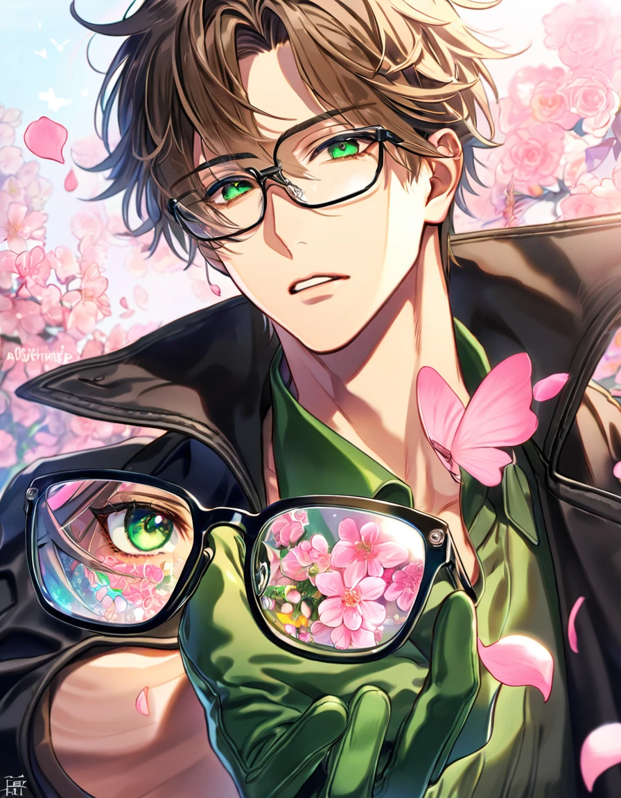 absurdres, highres, ultra detailed, HDR, master piece, best quality, Kento, expressive green eyes, messy hair, mousy brown hair, Amnesia, solo, sexy man, handsome, black trench coat, glasses with black frames, green gloves, fantasy, shining, pink flowers, pink blossoms, pink butterflies, pink petals