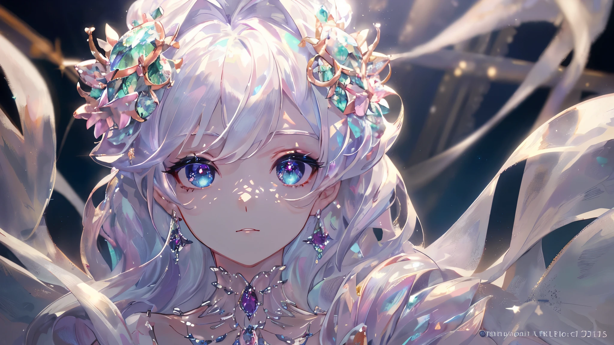 masterpiece, highest quality, figure, alexandrite eyes and hair, platinum earrings, Platinum Necklace, white dress, The Little Mermaid, cute, (dynamic lighting:1.2), cinematic lighting, delicate features, fine eyes, sharp pupils, realistic student, Depth of bounds written, Bokeh, sharp focus, (very detailed, bloom, shine:1.4), Many Small Gems