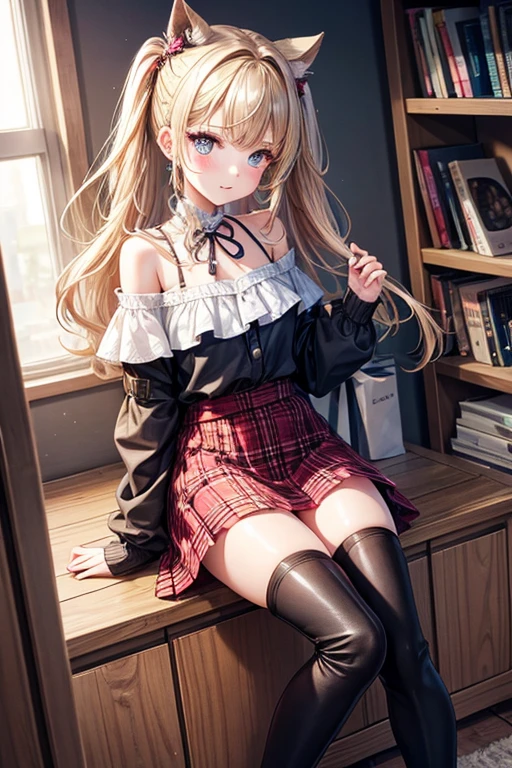 The best quality, 超High resolution, 1 girl, Caras kawaii, off shoulder point, Plaid mini skirt, Nice boots, informal,