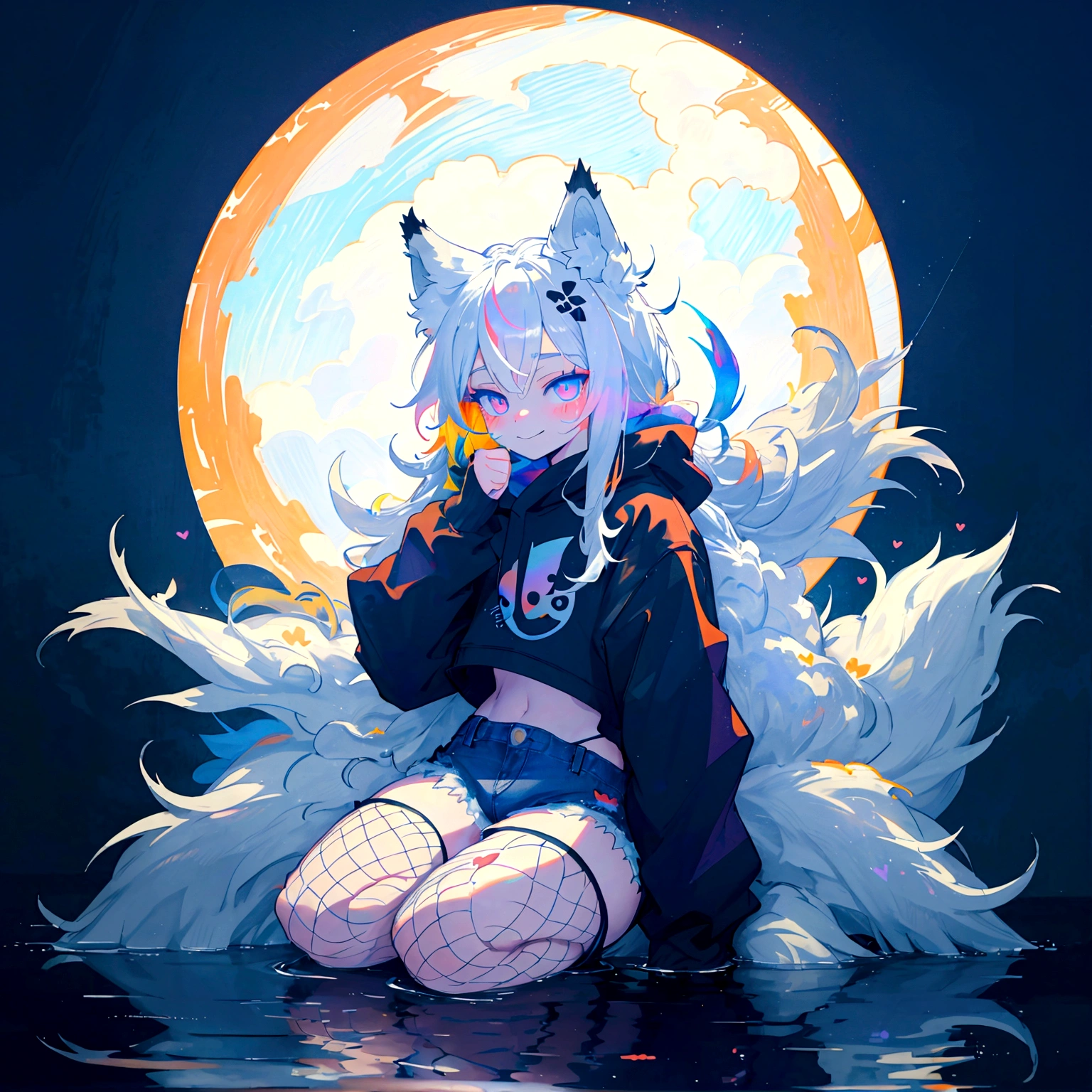 a cute adult male with wolf ears, long white hair, long locks, has a wolf tail, wearing a loose cropped black hoodie, wearing a pair of denim short shorts and fishnet stockings, thick thighs, wide hips, relaxing on mound of fluffy multi colored kawaii plushies, short, very slim, showing slender tummy, heart on hoodie, squishy thighs, has glowing blue eyes. alone, solo (ALONE)(SOLO), surrounded by rainbows, colorful galaxy backround, smiling, stretching out, water reflection